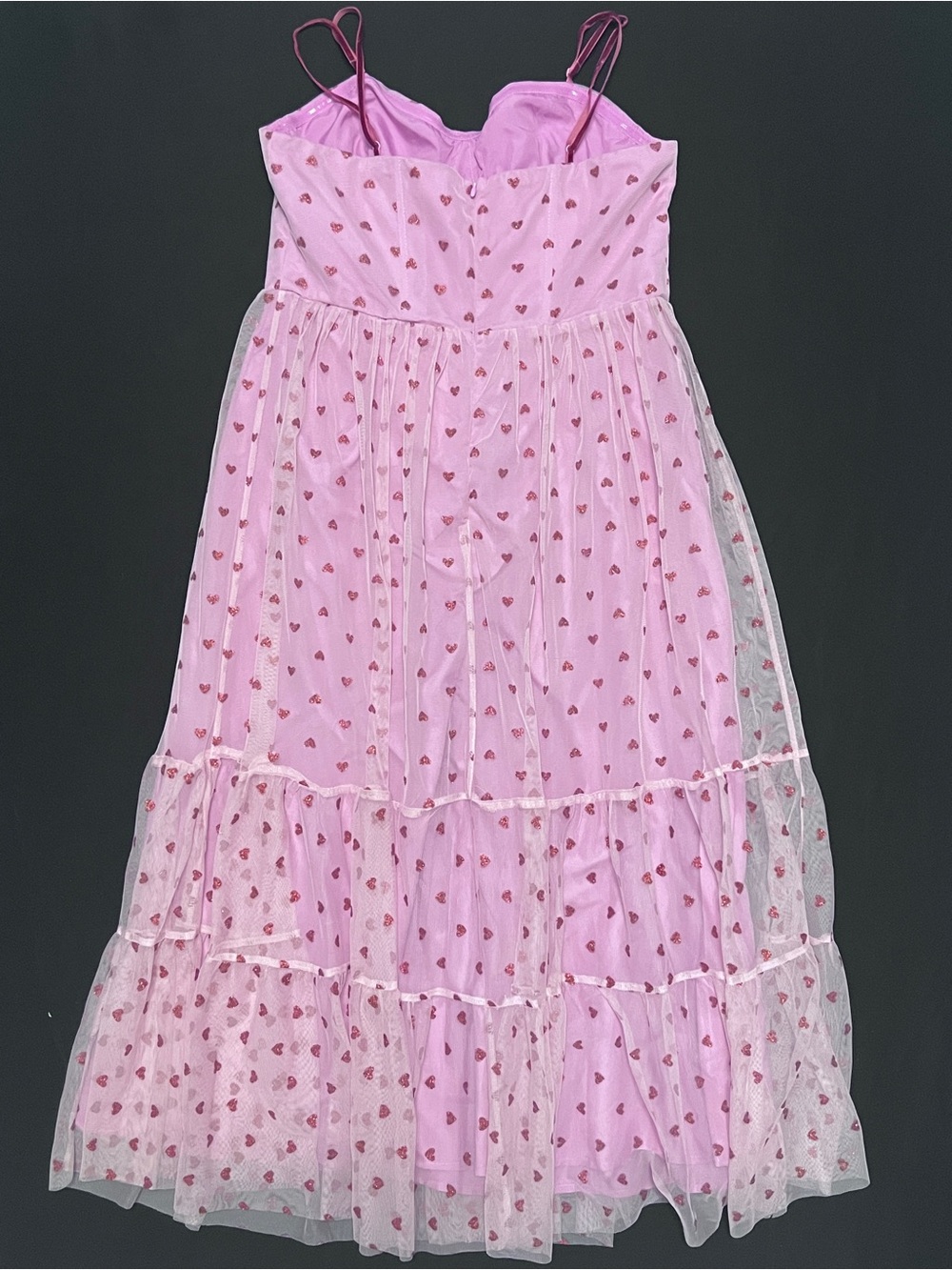 Betsey Johnson Pink Mesh Midi Dress with Red Heart Print Size 10 - Picture 2 of 4